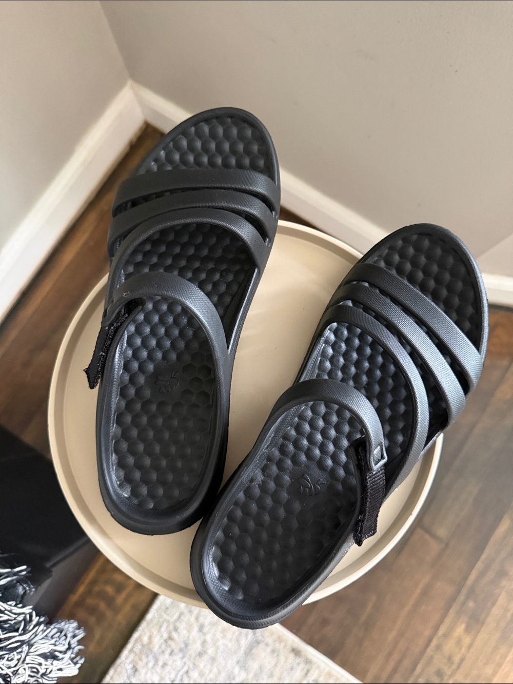 Black Three-strap Slide Sandals with Cushioned Footbed
